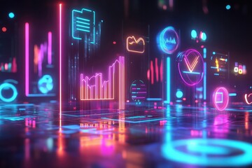 Vibrant neon graphs and data visualizations illuminate a futuristic digital landscape.  A dynamic display of information in glowing pink, blue, and orange hues.