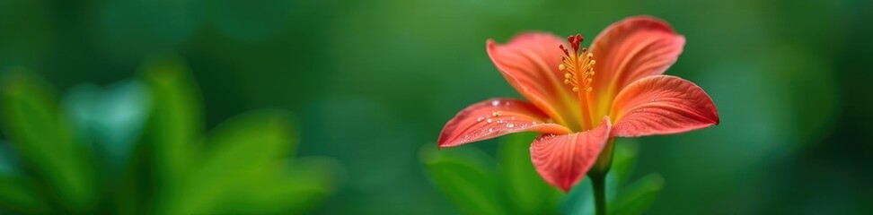 Delicate flower with dew drops and green leaves, dew, stem, nature