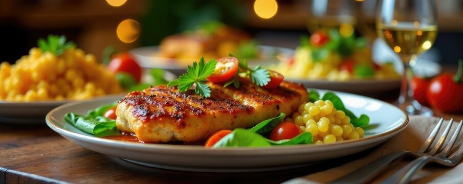 Comida para presentar en una mesa con decoraci?n, toallas, platos