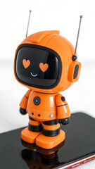 Fototapeta premium Cute Orange Robot with Boxy Head and X Eyes in Relaxed Pose on Black Background with Heart, X, and Dice Icons, Phone wallpaper background, Generative ai Image