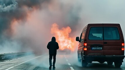 Burning Vehicle: A lone figure stands on a desolate highway, a van engulfed in flames in the background, creating a scene of disaster.