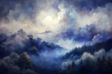 Ethereal mountain landscape with fog rolling over a forest, illuminated by sunlight through clouds