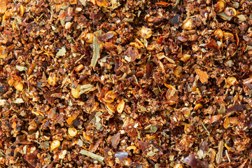Dried piri piri or peri peri herb spice background backdrop. Culinary hot and spicy cookery condiment.