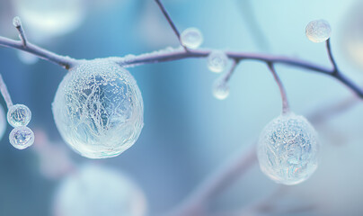 A macro shot of frozen water drops on a branch, capturing the intricate details and icy texture. Perfect for winter, nature, and abstract visuals.
