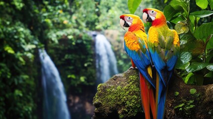 Fototapeta premium Two Colorful Macaws Perched On A Stone In A Lush Forest