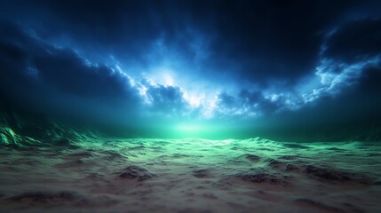 Eerie underwater landscape, stormy sky, glowing horizon, fantasy scene, game background