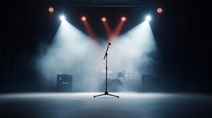 Empty stage, spotlights, microphone, drums, concert