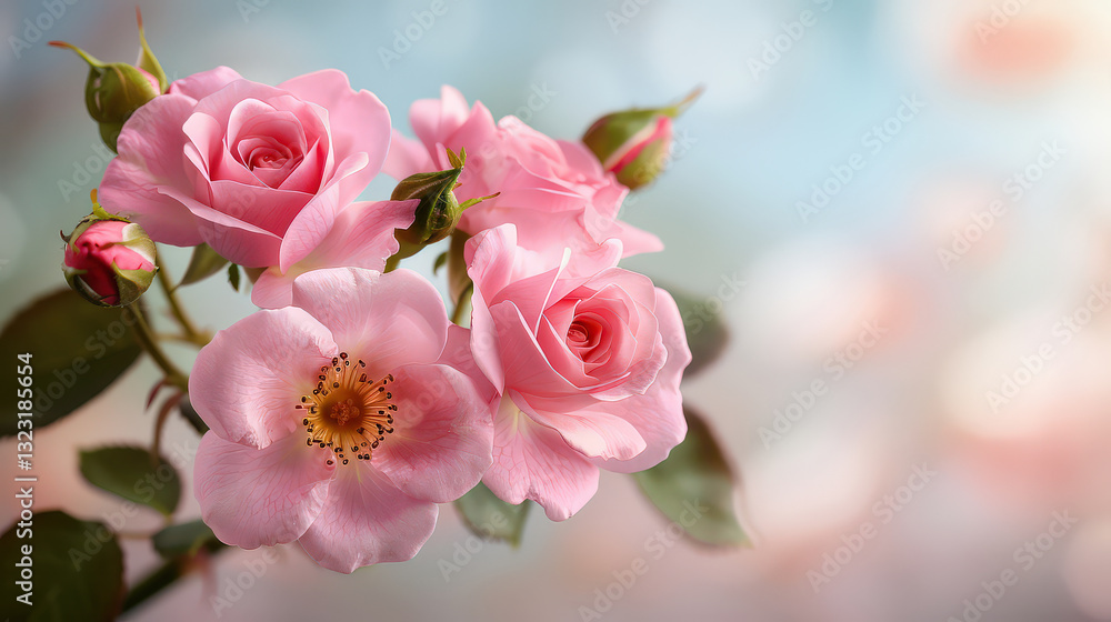 Aufkleber delicate pink roses in full bloom with dreamy background create serene and romantic atmosphere. soft