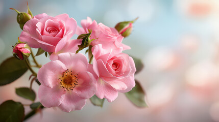 Fototapeta premium Delicate pink roses in full bloom with dreamy background create serene and romantic atmosphere. soft petals and vibrant colors evoke sense of tranquility and beauty
