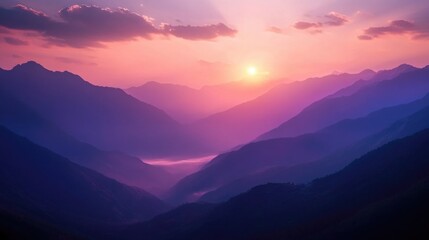 Fototapeta premium Purple And Pink Mountains Under A Brilliant Glowing Sunset Sky