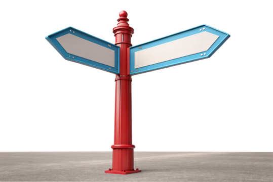 Blank Directional Signpost with Red Pole and Blue Arrows