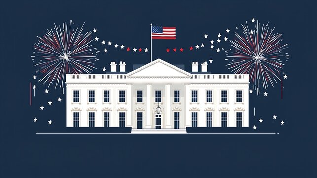 Iconic presidential building, fireworks, and American flag