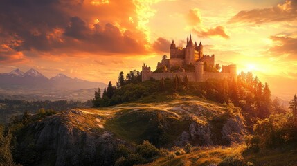 Obraz premium A large stone castle sitting atop a mountain under sunlight