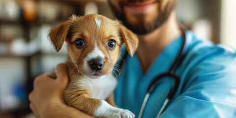 Veterinarian examines adorable puppy in clinic caring environment heartwarming scene