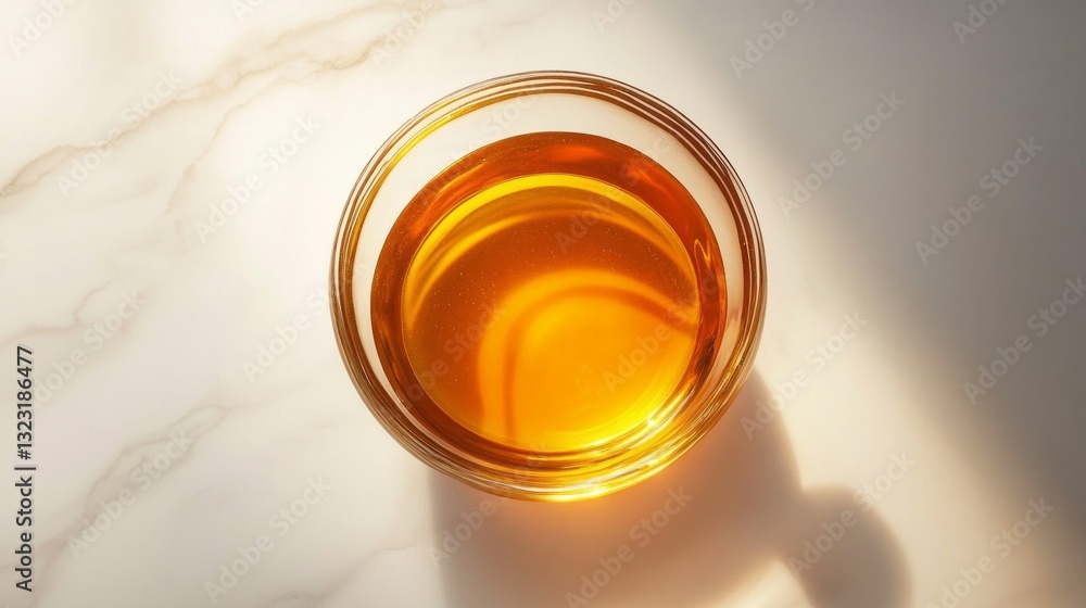 Poster sunlight casts a warm glow on the rich amber liquid in a glass bowl, creating enchanting reflections