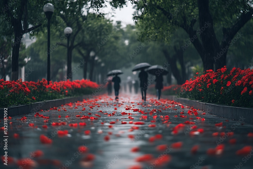 Poster behold transformation of a rain-drenched park into a haven of seclusion and introspection where ethe