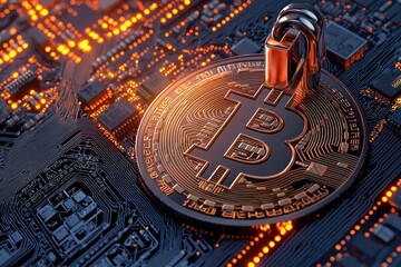 Cryptocurrency lock and circuit visuals for secure technology.