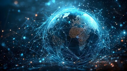 Conceptual Global Business Network with Interconnected Digital Flow Around Illuminated World Globe