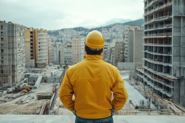 Fototapeta premium Construction worker overseeing building site urban landscape photography industrial environment aerial view professional insights