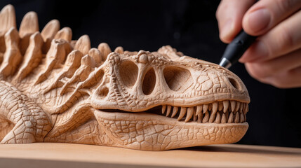 Artistically carving a dinosaur skull by a person in a museum setting with intricate bone models on display