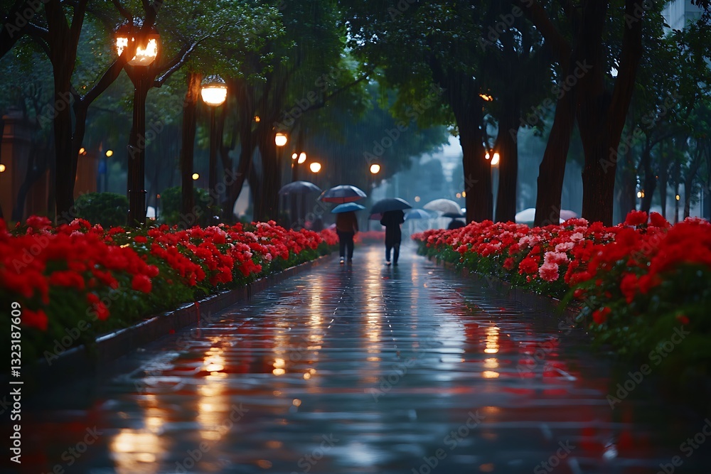 Poster behold transformation of a rain-drenched park into a haven of seclusion and introspection where ethe