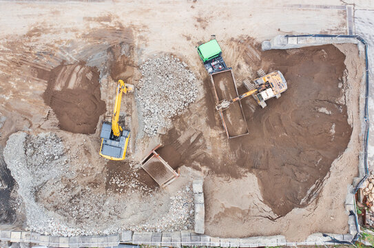 Aerial Construction Waste Recycling Site with Heavy Equipment