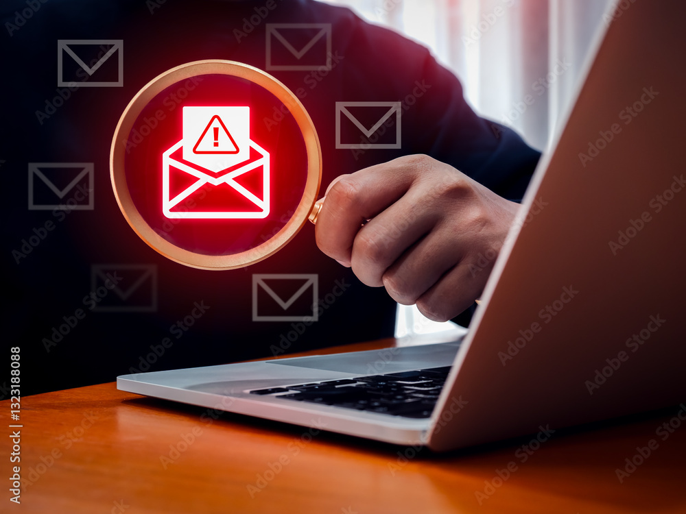 Aufkleber phishing emails scam alert, fraud sms message concept. warning alert icon in opened envelope icon, f