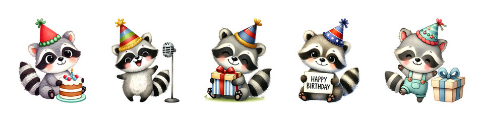 Fototapeta premium Adorable raccoon birthday watercolor illustration design.