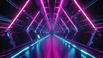 A futuristic tunnel with vibrant neon lights and geometric shapes