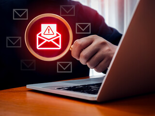 Phishing emails scam alert, fraud sms message concept. Warning alert icon in opened envelope icon,...