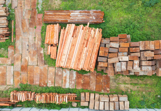 Aerial View of Steel and Wood Storage at Construction Site