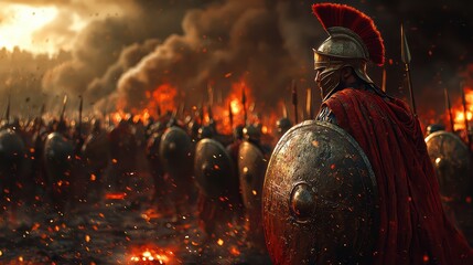 Spartan Warrior in the Battlefield: An epic depiction of a Spartan warrior standing tall amidst a raging battlefield, armored and resolute, surrounded by comrades and the chaos of war.