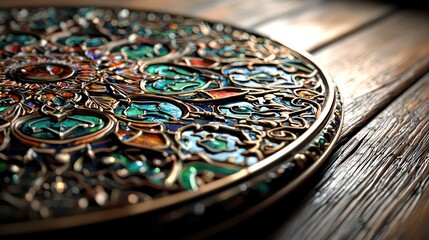 An ornate and colorful design on a wooden table