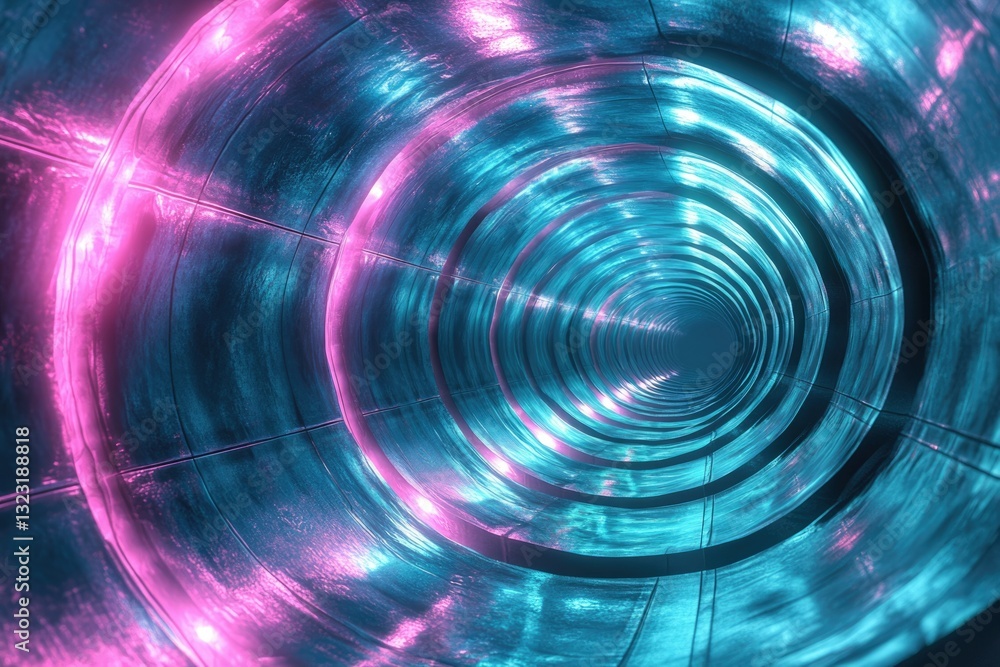Poster a mesmerizing neon-lit tunnel, spiraling inward with vibrant pink and teal hues, creating a futurist