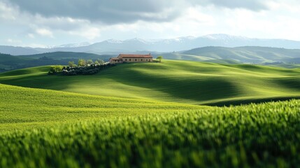 Naklejka premium A picturesque view of rolling green hills with a building