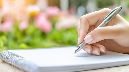 Closeup of a Woman's Hand Writing in a Spiral Notebook Outdoors