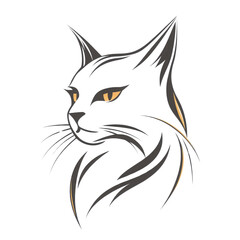 A stylized illustration of a cat's head with prominent features and expressive eyes.