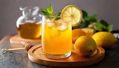 Fototapeta premium Refreshing honey lemonade served in a glass with a lemon slice garnish