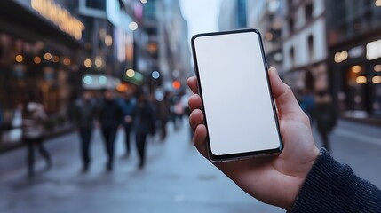 Elegant Hand Holding Smartphone with Blank Screen in Modern Urban Setting