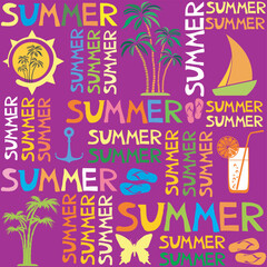 Summer seamless pattern. Pnk summer background with flip-flops, sun, palm tree, cocktail, boat, anchor and butterfly. Doodle style elements pattern for kids print fabric design, Beach party.  