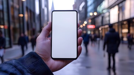 Elegant Hand Holding Smartphone in Sophisticated Urban Setting Showcasing Modern Technology Usage