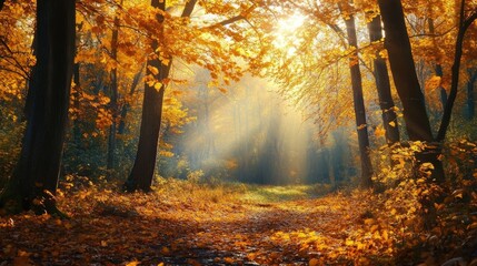 Obraz premium A sunlit path leads through a forest during autumn season
