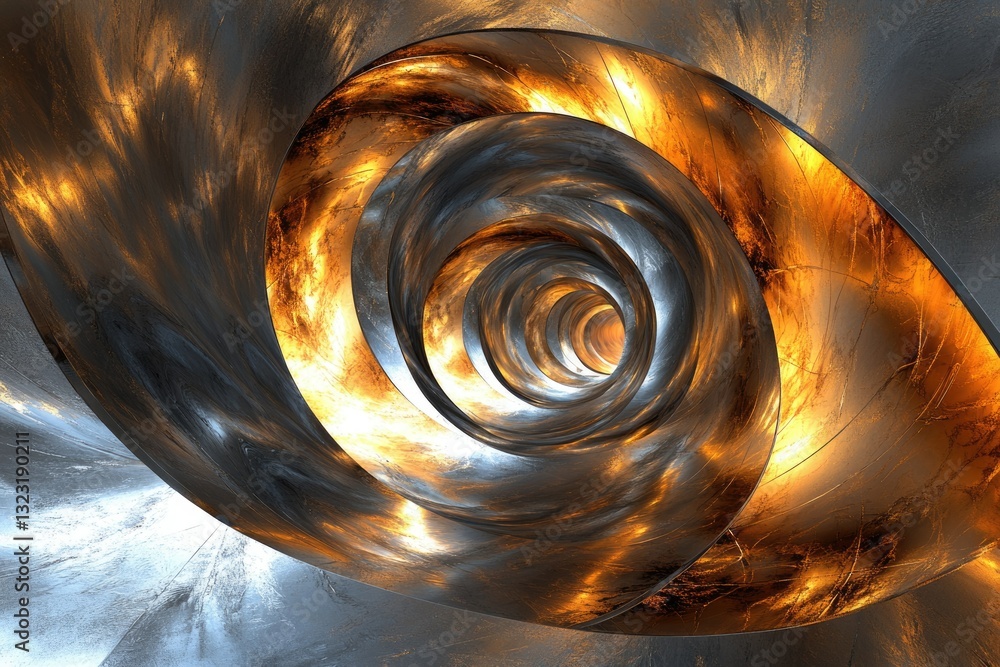 Leinwandbilder abstract metallic spiral tunnel with glowing gold and silver textures, creating a mesmerizing visual