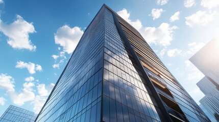 Low-angle perspective of corporate skyscraper with clear sky