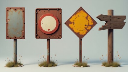Rustic Old Metal and Wooden Signs Blank and Directional Weathered Textures Desert Setting