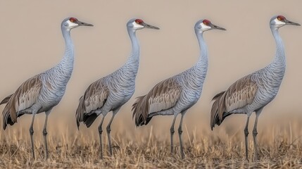 Obraz premium Four sandhill cranes standing in dry grassland 