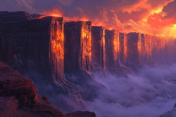 Fototapeta premium Fiery, towering rock formations glowing at sunset, shrouded in purple mist; a breathtaking, otherworldly landscape.
