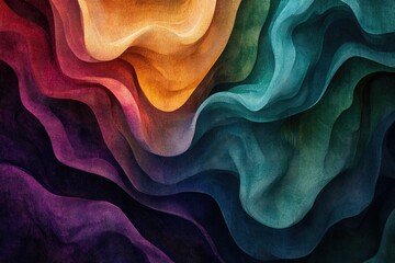 Abstract artwork depicting flowing, layered fabric in vibrant hues of purple, teal, and gold.