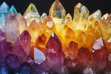 Vibrant cluster of rainbow-colored crystals. Ideal for projects on geology, spirituality, or energy.