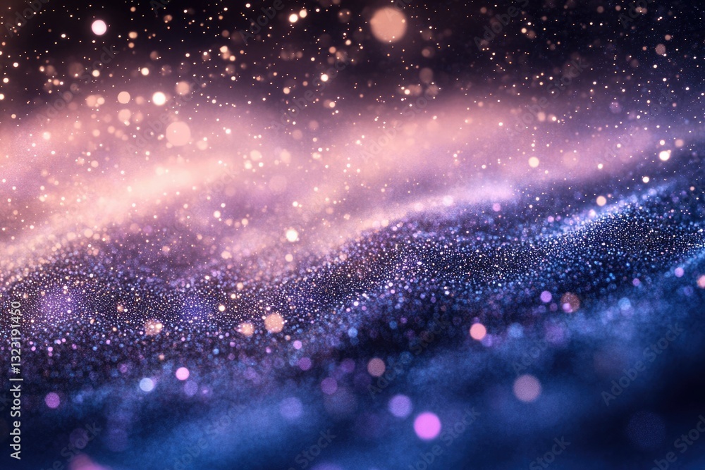 Poster a mesmerizing cosmic landscape of sparkling glitter and bokeh, evoking dreams and wonder.